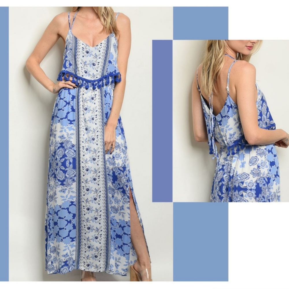 Kate C Blue & White Floral Print Tassel Maxi Dress